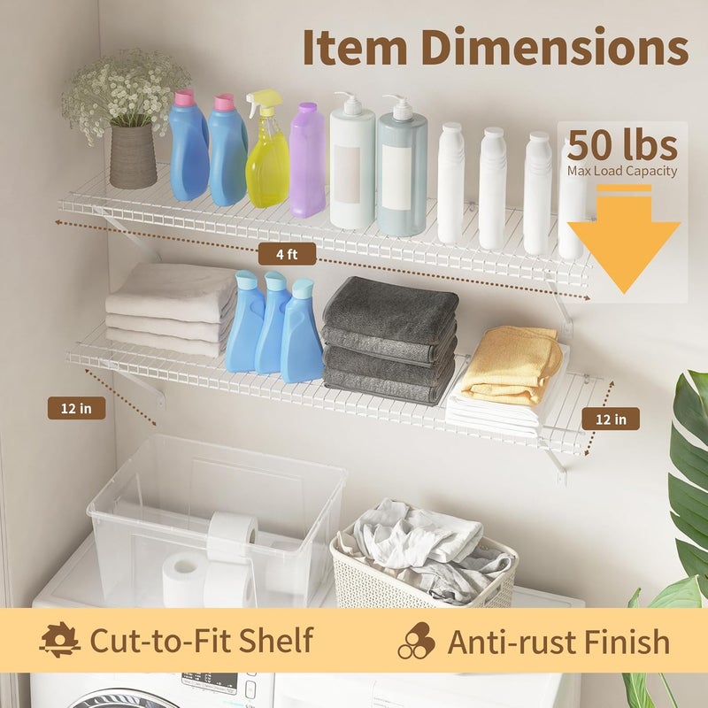 PROWORX Closet Shelves Wall Mounted, 2 Pack 4 ft x 12 in White Wire Shelving Kit, Metal Wall Shelf Organizer for Home, Pantry, Laundry Room Storage - Image 2